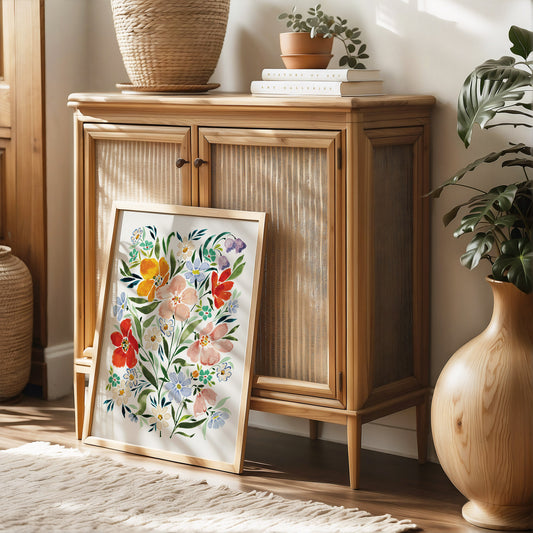 colourful joyful florals art print styled by rattan furniture