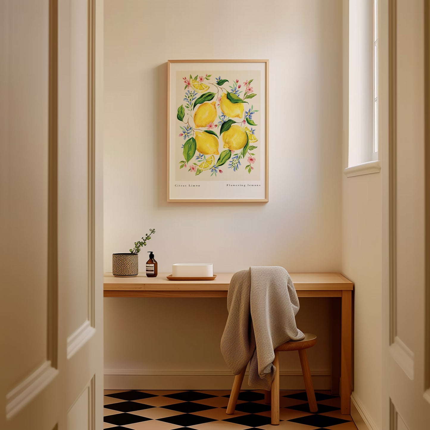 citrus fruit lemon art print styled in bathroom in a2