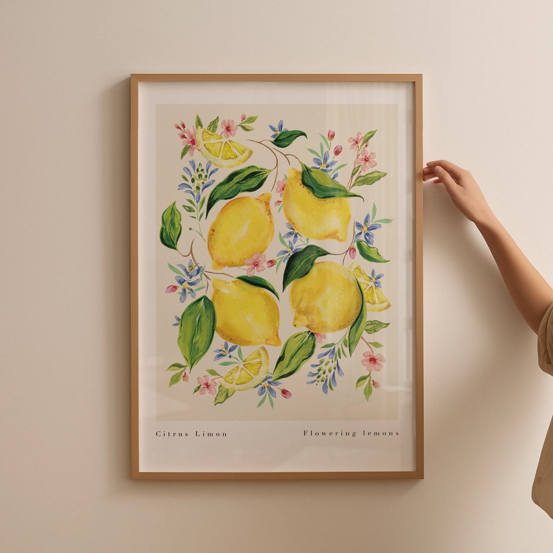 botanical citrus lemon art print styled in thin light oak frame 