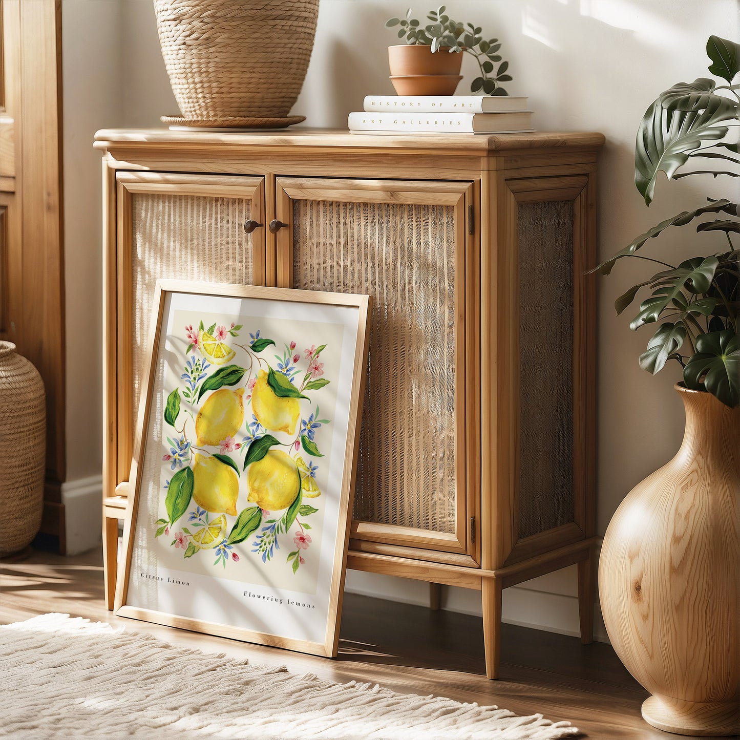 botanical vintage style lemon art print on rattan furniture