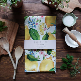cotton uk made citrus lemon fruit patterned tea towel for kitchen and baking.