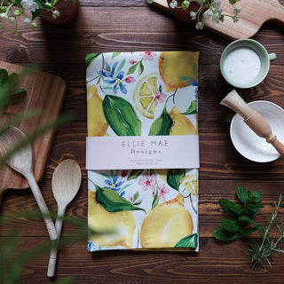 lemon hand painted patterned tea towel made from 100% cotton