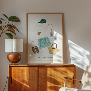 lemonade picnic fine art print- summer Outfit illustration- Lemonade bottles with a lemon thin border styled in living room 