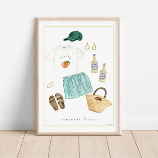 lemonade picnic fine art print- summer Outfit illustration- Lemonade bottles with a lemon thin border.