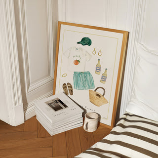 lemonade picnic fine art print- summer Outfit illustration- Lemonade bottles with a lemon thin border styled in bedroom 