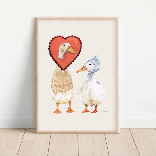 indian runner duck and white duck wearing vintage hat and love heart around neck. Perfect Valentines gift- Nursery room wall art - Bedroom Wall Art 