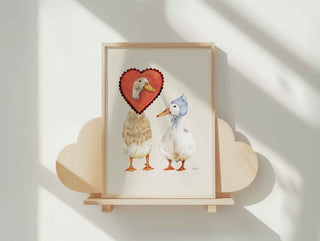 indian runner duck and white duck wearing vintage hat and love heart around neck. Perfect Valentines gift- Nursery room wall art - Bedroom Wall Art 