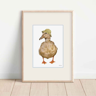 brown illustrated duck wearing yellow gingham bucket hat. Vintage inspired nursery room wall art, perfect for cosy cottage home.