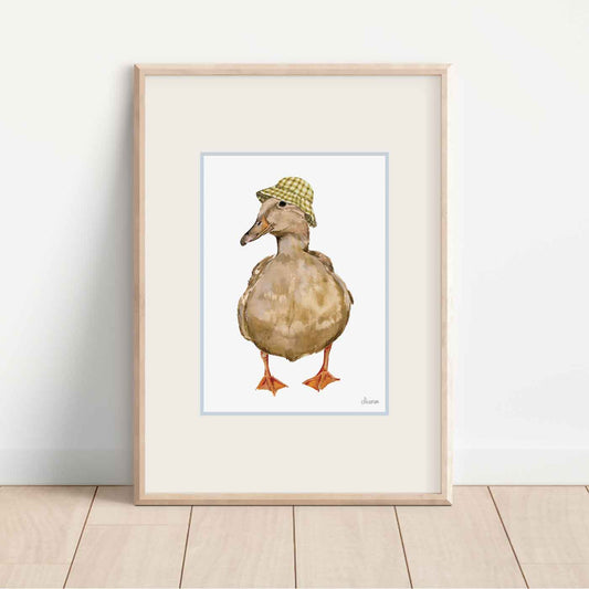 brown illustrated duck wearing yellow gingham bucket hat. Vintage inspired nursery room wall art, perfect for cosy cottage home.