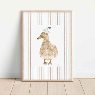 illustrated duck wearing paper boat hat on striped background. Perfect for nursery rooms wall art, bathroom wall art.