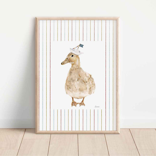 illustrated duck wearing paper boat hat on striped background. Perfect for nursery rooms wall art, bathroom wall art.