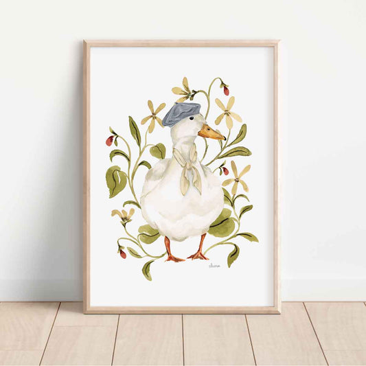 painted white duck with lilac beret and neck scarf surrounded by wildflowers on white background. Ideal for nursery rooms or cottage homes