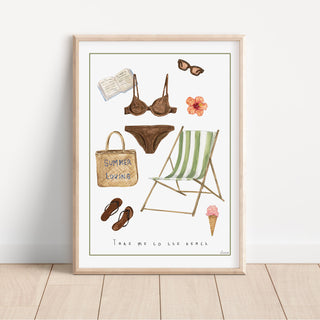 Take me to the beach fine art print- Summer fashion illustration of bikini, flipflops, ice cream, sunglasses, beach bag, book and hibiscus flower.