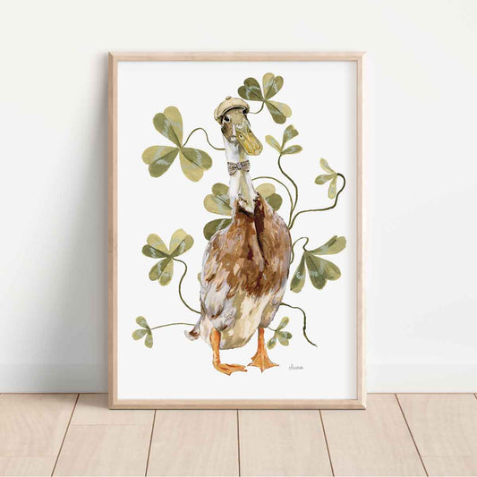 Illustrated indian runner duck wearing vintage tweed bow tie and hat surrounded by clover leaves. Perfect wall art for country vintage inspired home.