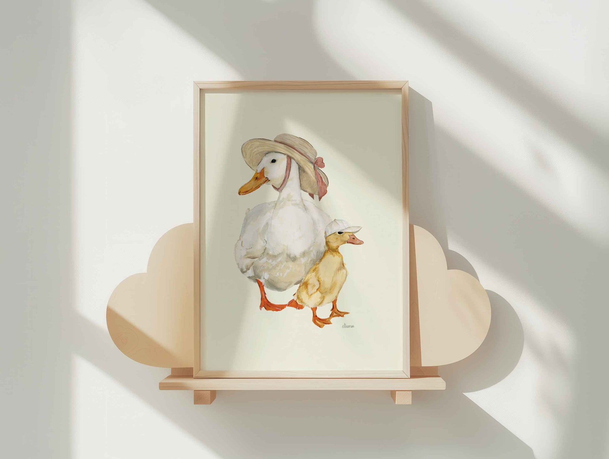 Mum duck and duckling wearing summer hats on a butter yellow background. nursery baby room wall art. Cottage vintage inspired wall art.