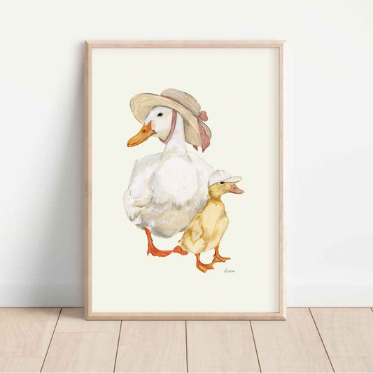 Mum duck and duckling wearing summer hats on a butter yellow background. nursery baby room wall art. Cottage vintage inspired wall art.