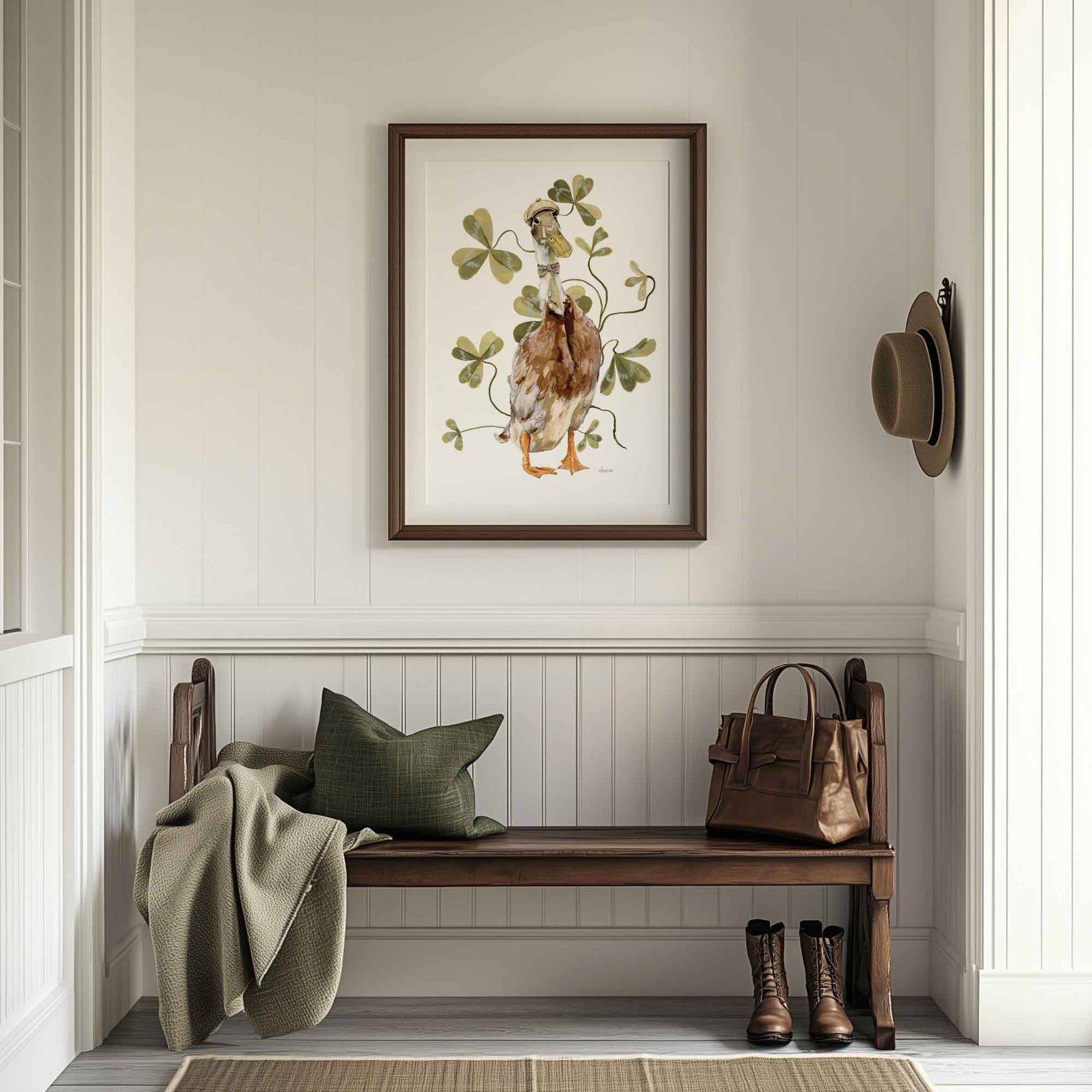 Illustrated indian runner duck wearing vintage tweed bow tie and hat surrounded by clover leaves. Perfect wall art for country vintage inspired home.