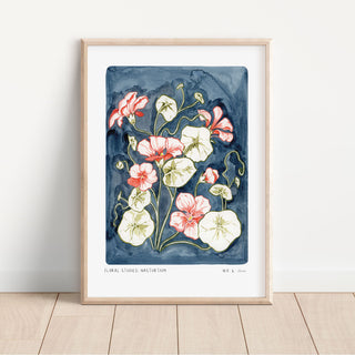Nasturtium art print, a hand painted navy blue background with olive green leaves and peachy pink nasturtium flower heads. with small text reading  floral studies:nasturtium NO.6