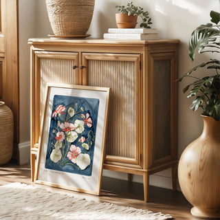 Nasturtium art print, a hand painted navy blue background with olive green leaves and peachy pink nasturtium flower heads. with small text reading floral studies:nasturtium NO.6 styled in a light oak frame against rattan furniture