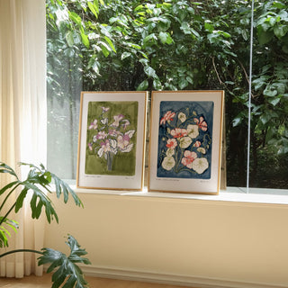 Nasturtium art print styled and paired with our olive green and lilac pansy print