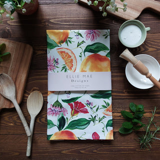 orange print pattern kitchen tea towel made from 100% cotton 