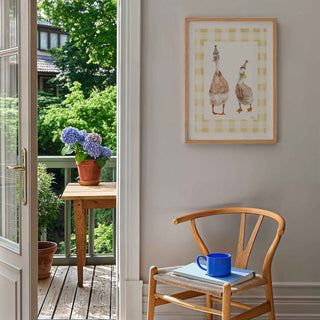 indian runner ducks illustrated with birthday hats on a gingham background. The Perfect Birthday Gift, Nursery playroom wall art.