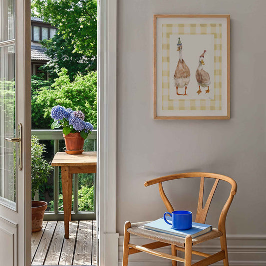indian runner ducks illustrated with birthday hats on a gingham background. The Perfect Birthday Gift, Nursery playroom wall art.