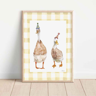 indian runner ducks illustrated with birthday hats on a gingham background. The Perfect Birthday Gift, Nursery playroom wall art.