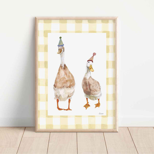 indian runner ducks illustrated with birthday hats on a gingham background. The Perfect Birthday Gift, Nursery playroom wall art.