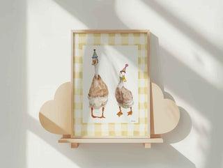 indian runner ducks illustrated with birthday hats on a gingham background. The Perfect Birthday Gift, Nursery playroom wall art.