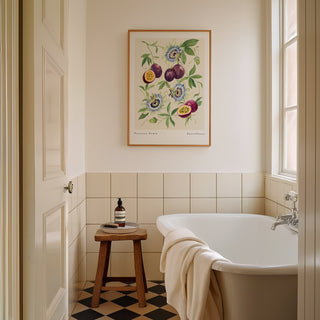 vintage style passionfruit flower art print styled in bathroom 