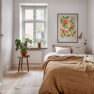 earthy style bedroom, neutral colour scheme with large Peach art print above bed. 