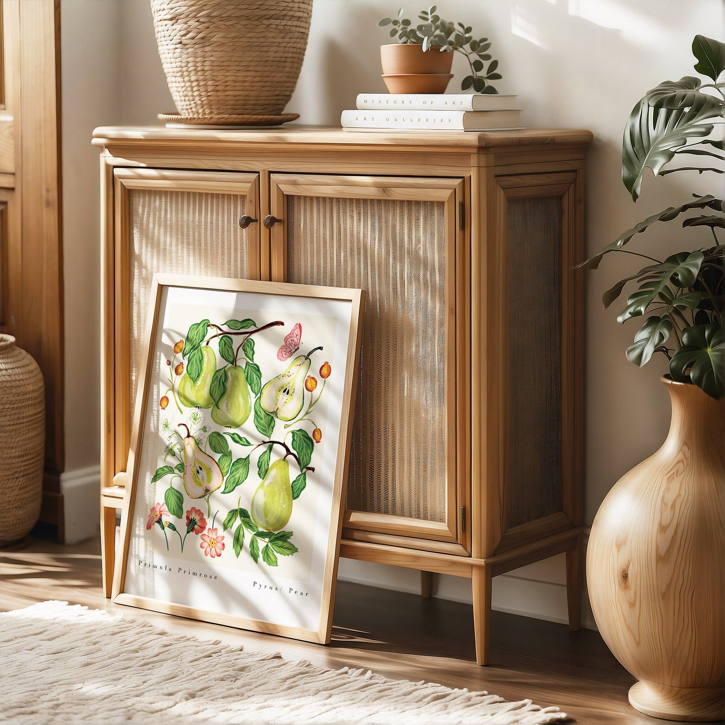 botanical fruit pear print styled against rattan furniture