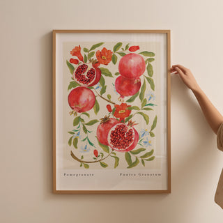 pomegranate art print styled in light thin oak frame
