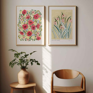 watercolour hand painted poppy floral design, bright pinks, lilacs, butter yellow and greenery fine art print in a2 styled next to our butter yellow snowdrop fine art print