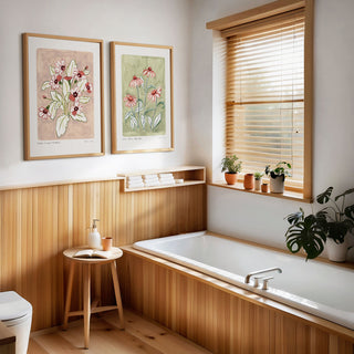 Primrose art print paired with our sage green coneflower print styled in a bathroom