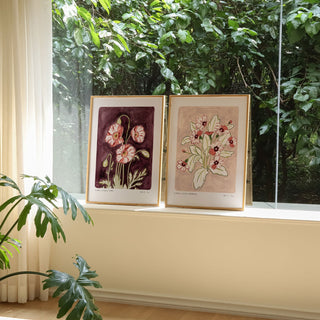 primrose art print paired with our gorgeous deep plum coloured poppy print.