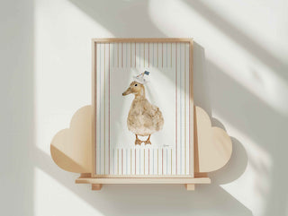 illustrated duck wearing paper boat hat on striped background. Perfect for nursery rooms wall art, bathroom wall art.