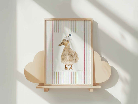 illustrated duck wearing paper boat hat on striped background. Perfect for nursery rooms wall art, bathroom wall art.