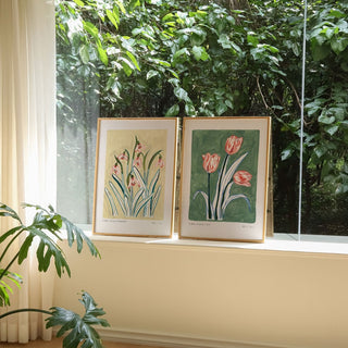 Snowdrop art print paired and styled next to our turquoise and pink tulip print.