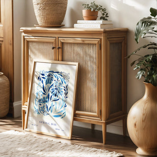 spring day art print styled in living area against rattan furniture
