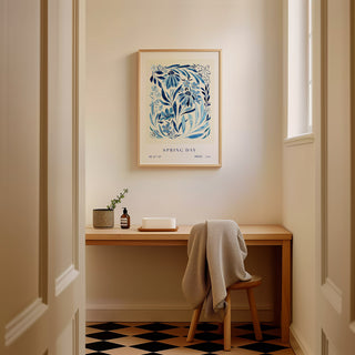 spring day blue floral art print styled in bathroom