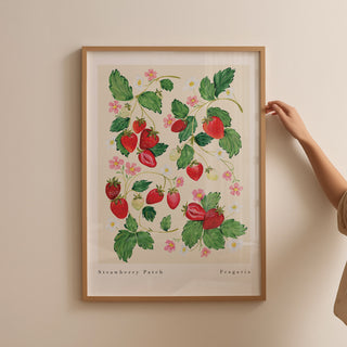 botanical strawberry fruit print styled in a thin oak frame