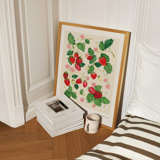 strawberry art print styled in bedroom 