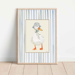 white duck wearing vintage striped bucket hat, on butter yellow rectangle on striped blue background. Perfect for nursery room walls. 
