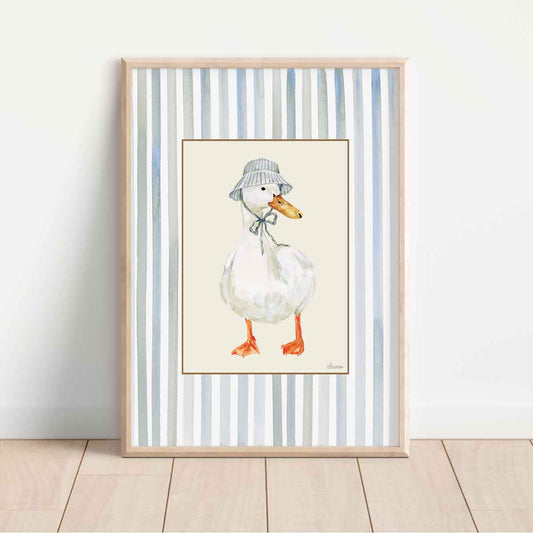 white duck wearing vintage striped bucket hat, on butter yellow rectangle on striped blue background. Perfect for nursery room walls. 