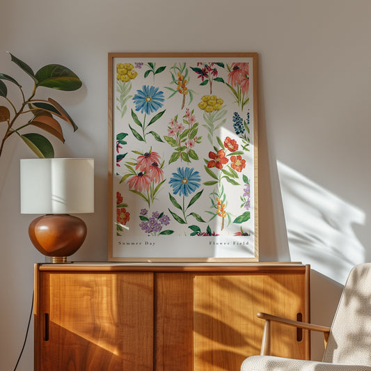 colourful mixed wildflower art print styled on chest of drawers with lamp and foliage