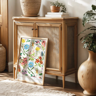summer day art print styled by rattan furniture. Colourful art print for living room space.