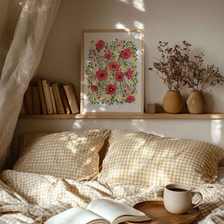 watercolour hand painted poppy floral design, bright pinks, lilacs, butter yellow and greenery fine art print in a3 styled in shelf above bed with gingham yellow covers 