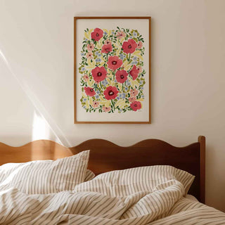watercolour hand painted poppy floral design, bright pinks, lilacs, butter yellow and greenery fine art print styled in A2 in bedroom with oak frame